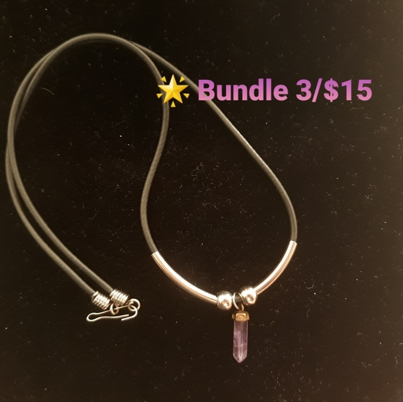 None Jewelry - Small Amethyst Crystal on Black Cord Necklace